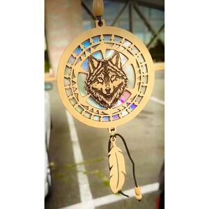Wolf Dreamcatcher Holographic Shimmer Suncatcher Handcrafted Beads Wood Feather